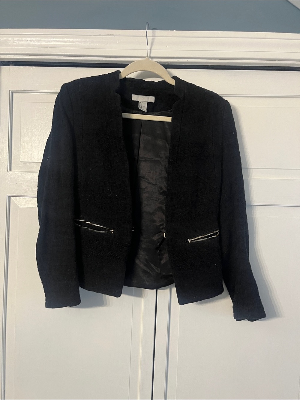 Women's h & M Black Open-Front Zip-Pocket Blazer woven print